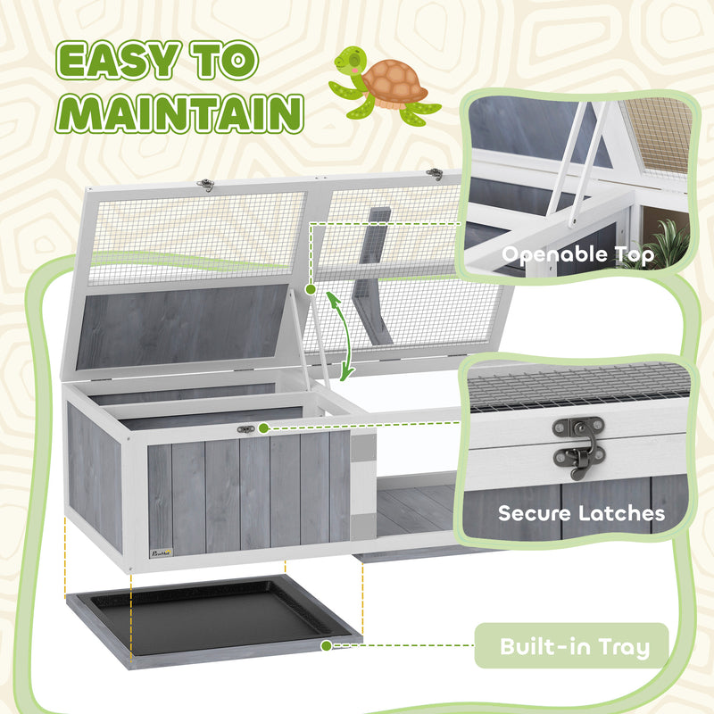 Wooden Tortoise House with Lamp Holder Clear Window Openable Tops and Tray Light Grey by PawHut