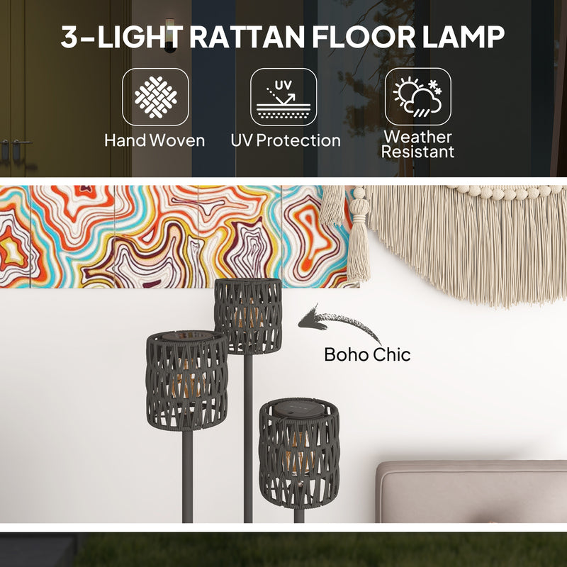 Solar Garden Floor Lamp with Hand Woven Rattan Shade for Outdoor Lighting Black Grey Outsunny