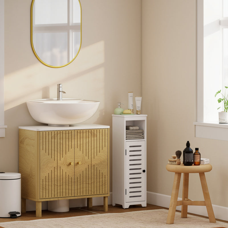 Slim Bathroom Storage Cabinet With Adjustable Shelf And Louvered Door White
