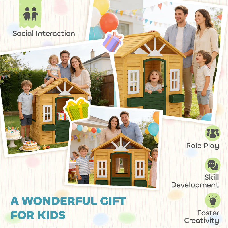 Wooden Garden Playhouse for Children with Spacious Interior and Flower Boxes Brown AOSOM
