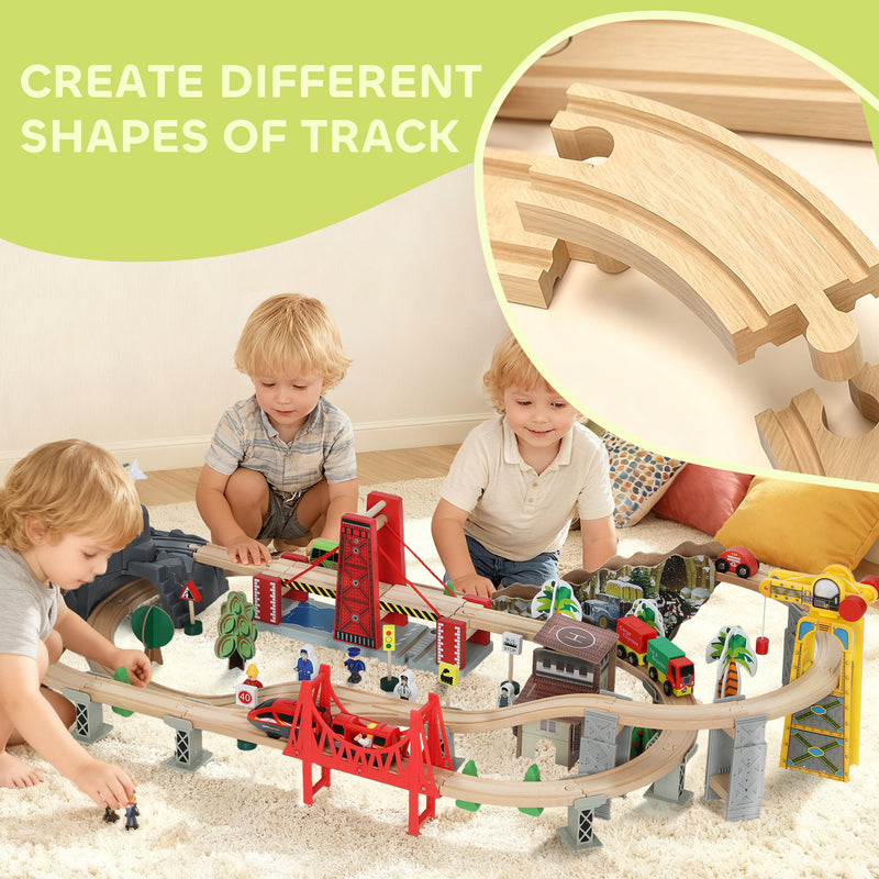 100 Piece Wooden Train Set with Battery Train and Crane for Kids Aged 3 Plus, Natural Wood AOSOM