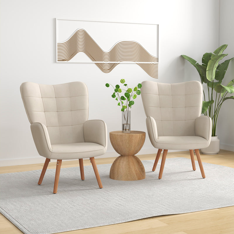 Set of 2 Velvet Wingback Armchairs with Wood Legs for Lounge or Living Room Cream White AOSOM