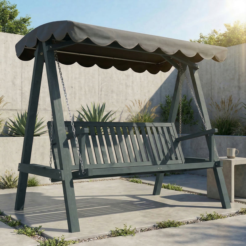 Grey Wooden Garden Swing Chair for 3 Adults with Canopy for Shade and Comfort Outsunny
