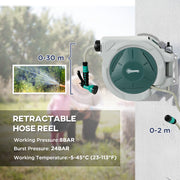 Retractable 30m Wall Mounted Hose Reel With Auto Rewind and 7 in 1 Spray Nozzle by Outsunny AOSOM