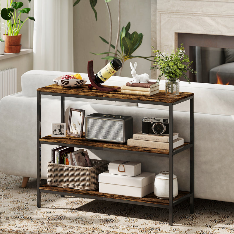 3 Tier Console Table with Open Storage Shelves Ideal for Hallway or Living Room, Rustic Brown