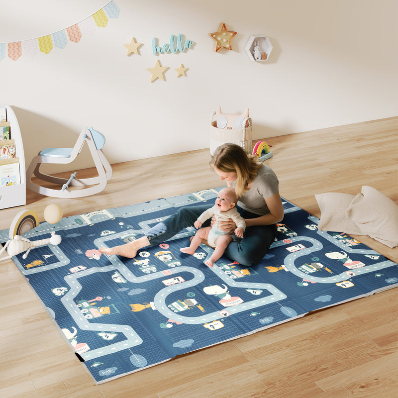 AIYAPLAY Foldable Baby Play Mat, Baby Playpen, Reversible Foam Playmat, Floor Mats for Toddlers, Traffic and Grey Diamond Theme AOSOM