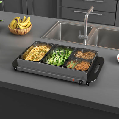 Electric Buffet Server With 4 Warming Trays and Adjustable Temperature Control Silver