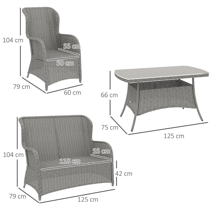 Light Grey 4 Seater Rattan Garden Sofa Set With Cushions and Glass Table by Outsunny