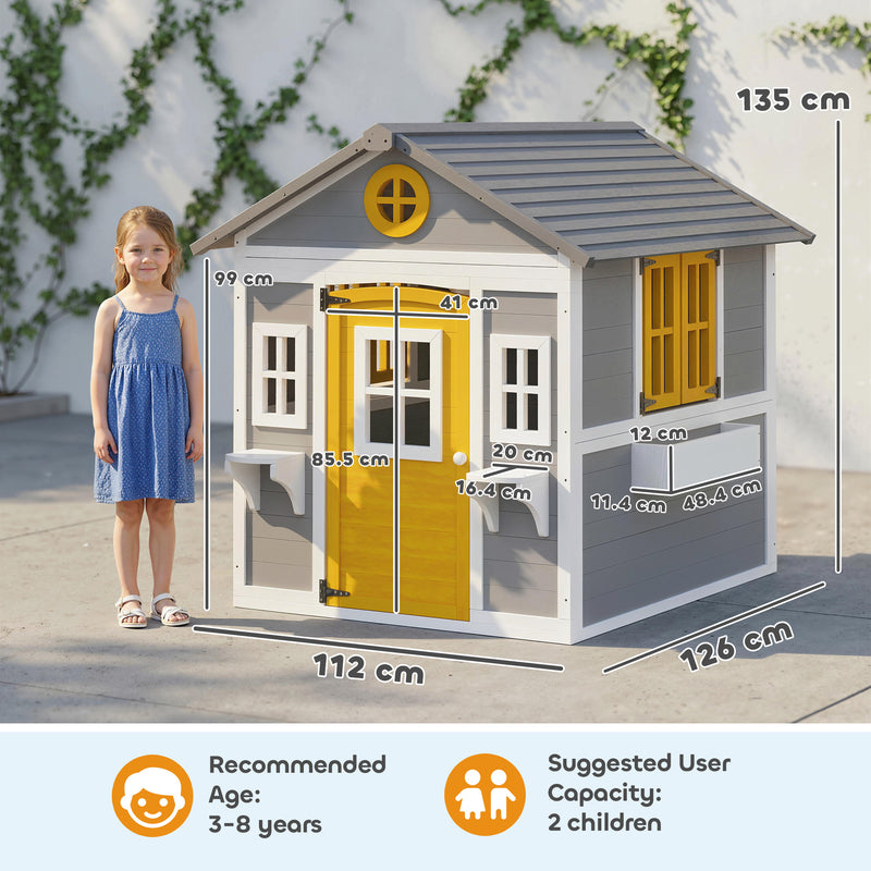 Wooden Outdoor Playhouse for Children with Planter Boxes and Weatherproof Shelter Grey Yellow White Outsunny