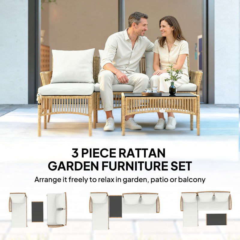Rattan Garden Furniture Set with Loveseat Chaise Lounge and Coffee Table for Outdoor Relaxing Cream White