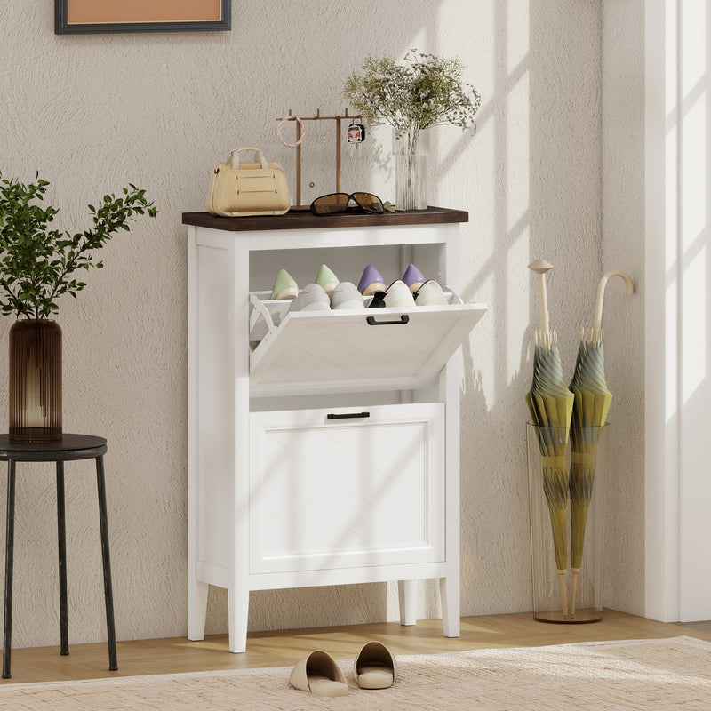 Slim Shoe Storage Cabinet for Hallway Organisation with Flip Drawers and Adjustable Shelves White Homcom