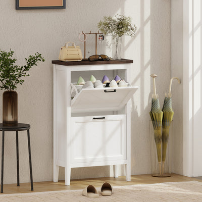 Slim Shoe Storage Cabinet for Hallway Organisation with Flip Drawers and Adjustable Shelves White Homcom