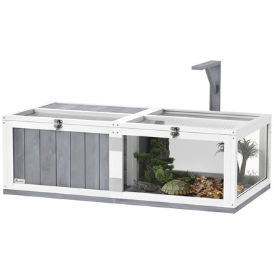 Wooden Tortoise House with Lamp Holder Clear Window Openable Tops and Tray Light Grey by PawHut