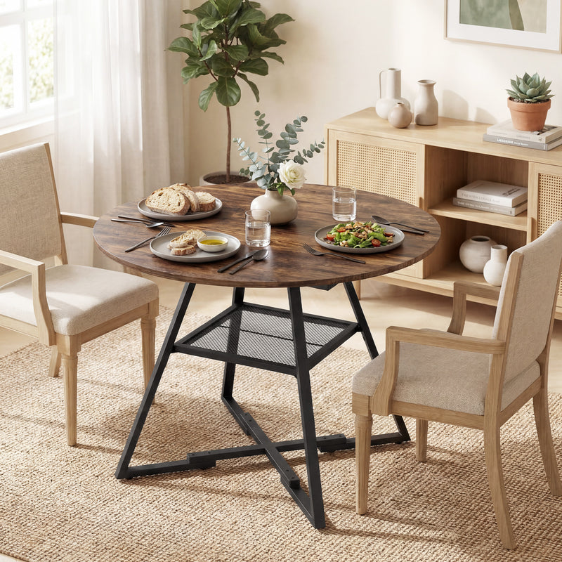4 Seater Round Dining Table with Storage Shelf Modern Industrial Style Rustic Brown Black