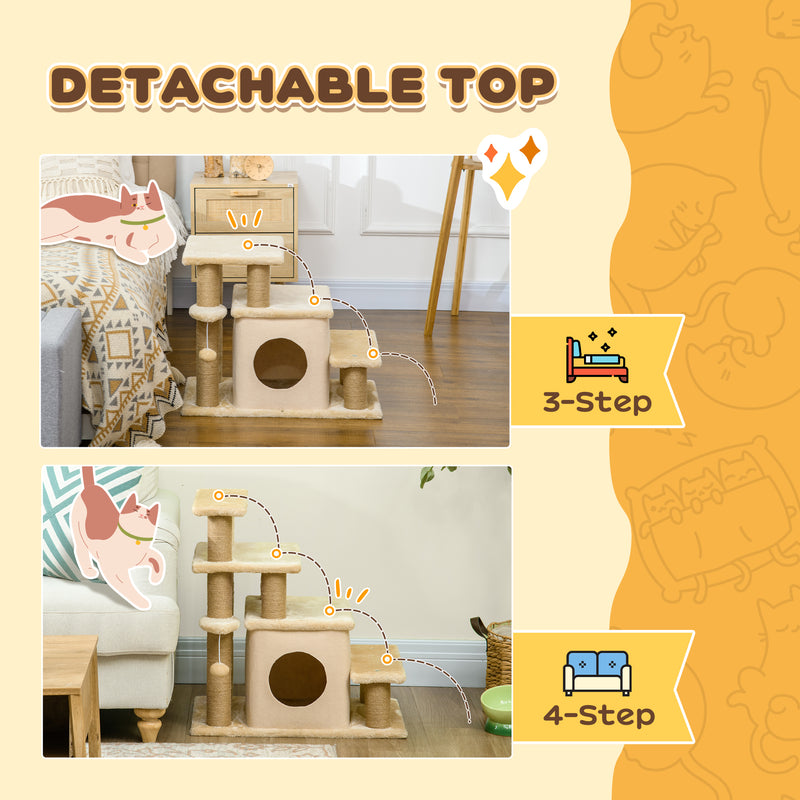 Beige Adjustable Cat Steps with House and Hanging Toy for Indoor Play by PawHut