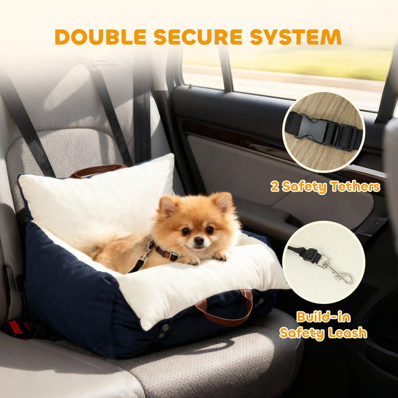 Small Dog Car Booster Seat with Safety Belts Ideal for Travel and Comfort Navy Blue AOSOM