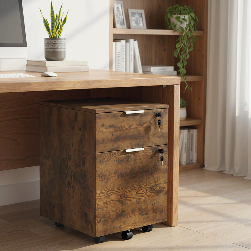 Two Drawer Lockable Filing Cabinet for Home Office with Storage Space Black and Brown AOSOM