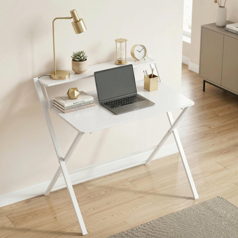 Folding Study Desk with Shelf for Small Spaces and Easy Storage White AOSOM