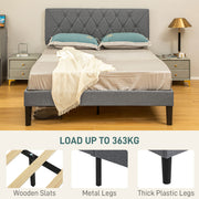 Grey Double Bed Frame with Adjustable Linen Headboard and Wooden Slats by HOMCOM