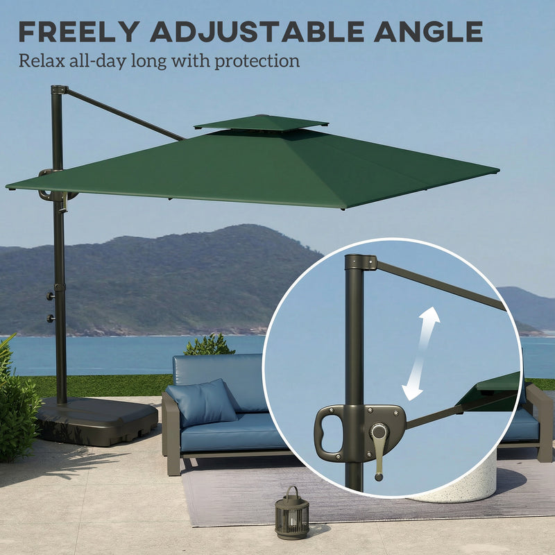 Square Cantilever Parasol with Base For Patio or Garden - UV30+ Adjustable Shade,  Dark Green