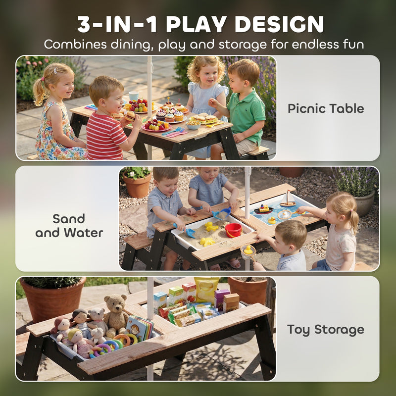 Kids Outdoor Table and Bench Set with Hidden Storage and Parasol for Tidy Garden Play Natural Wood Aiyaplay