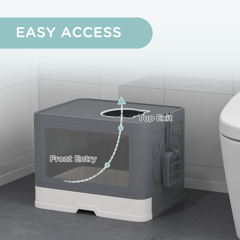 Enclosed Hooded Cat Litter Box with Drawer Scoop and Top Exit Design for Easy Cleaning, Grey