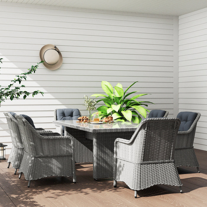 Grey 6 Seater Rattan Patio Dining Set With Cushions and Glass Top Table by Outsunny