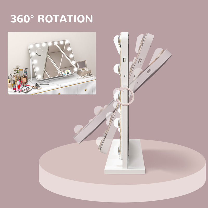 Tabletop Makeup Mirror with 14 LED Bulbs and Adjustable Brightness Settings, White