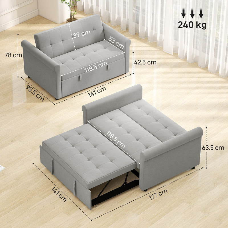 Two Seater Velvet Feel Sofa Bed With Foldable Design For Guest Rooms Grey