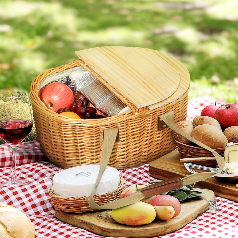 Wicker Picnic Basket for 2 with Cooler Compartment and Wooden Lid for Outdoor Use Light Brown AOSOM