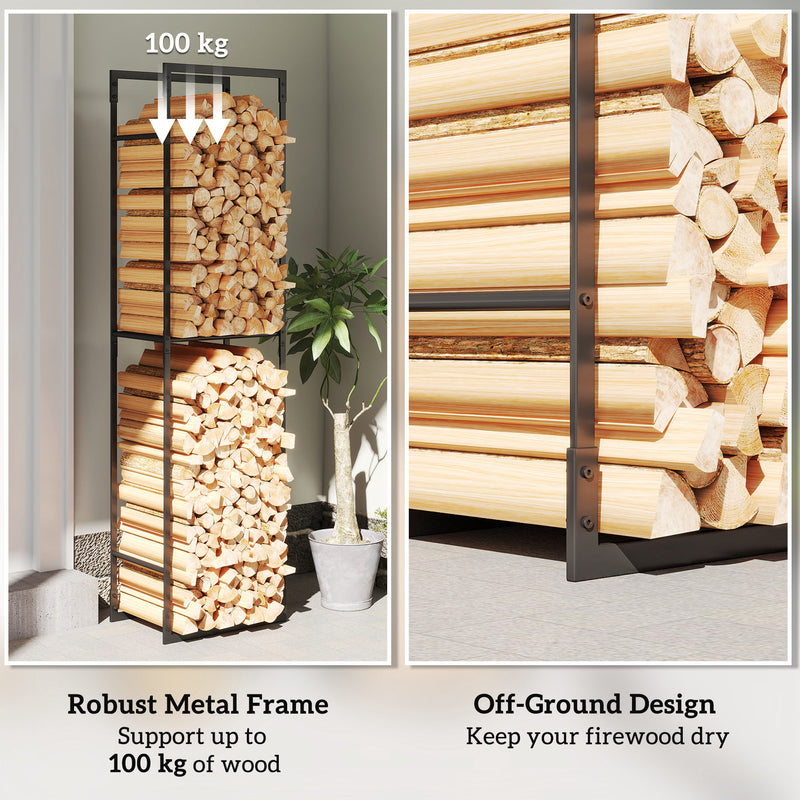 Heavy Duty Metal Firewood Log Rack With Adjustable Shelf For Indoor Outdoor Use Black