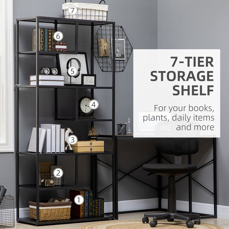7 Tier Industrial Bookcase With Open Shelves For Living Room Or Office Storage Black AOSOM