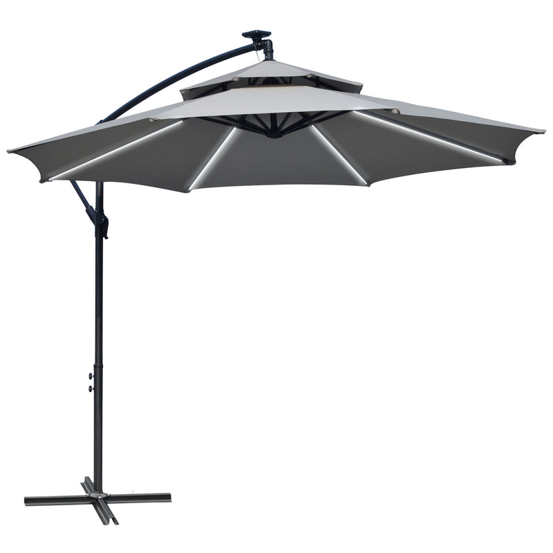 Light Grey 3m Cantilever Garden Parasol With Solar LED Lights And Double Roof Shade