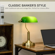 HOMCOM Banker's Table Lamps Set of 2, Desk Lamps with Antique Bronze Tone Base, Green Glass Shade and Pull Rope Switch for Home Office, Living Room, Bedroom, Dining Room, Green AOSOM