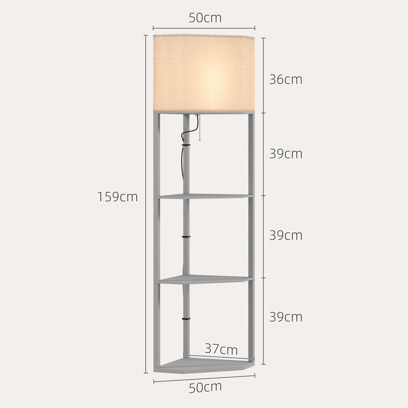 Grey Corner Floor Lamp with Shelves Tall Standing Light for Living Room Pull Chain Switch by HOMCOM