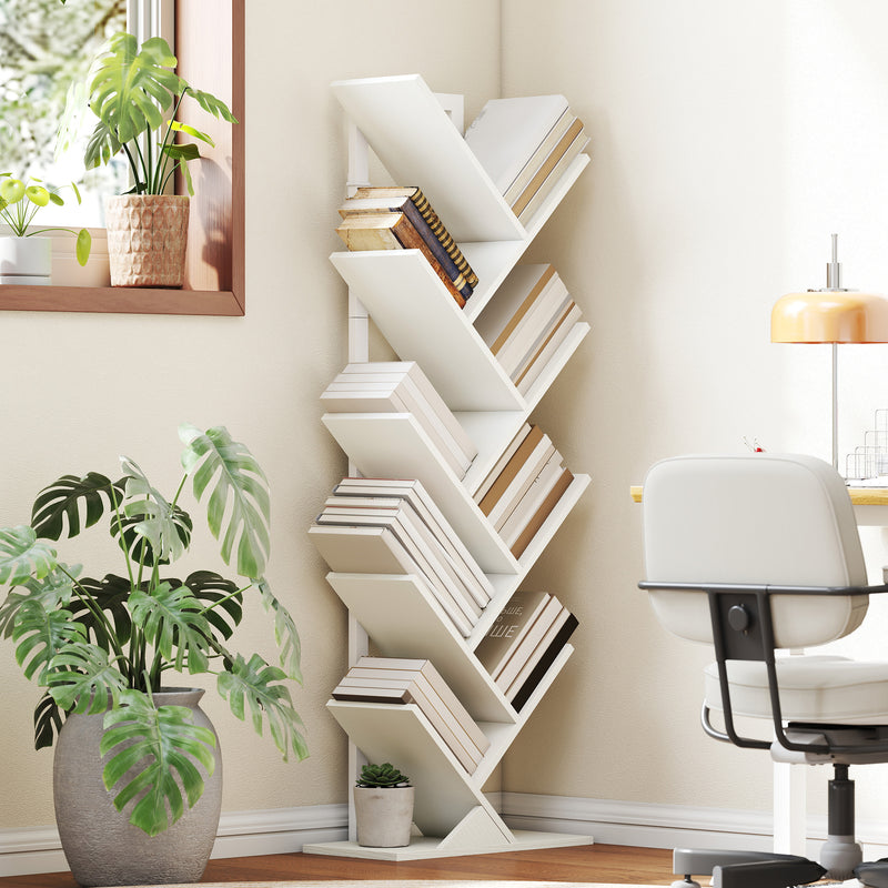 Tree Bookshelf with Eight Sections for Compact Book and Media Storage White AOSOM