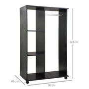 Black Open Wardrobe on Wheels with Hanging Rail and Shelves for Bedroom or Hallway Use