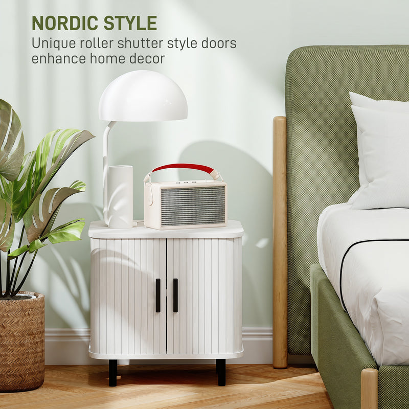 Bedside Table with Sliding Tambour Door, Two Shelves, Black Metal Legs for Organised Bedroom Storage White Wood Effect