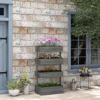 Four Tier Grey Wooden Plant Stand with Baskets for Garden and Patio by Outsunny