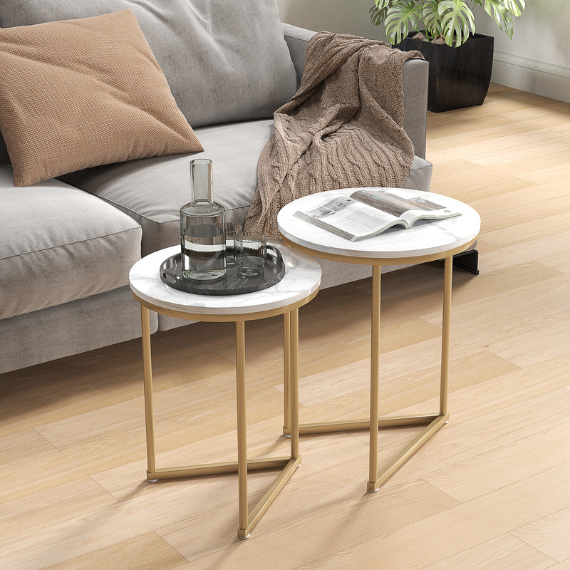Set of Two White Marble Effect Nesting Tables with Gold Tone Frame by HOMCOM