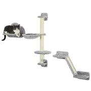 Wall Mounted Cat Shelves Set with Hammock Ladder Platforms and Scratching Post Grey