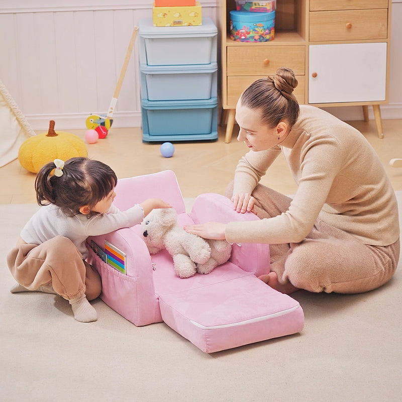 2 in 1 Kids Sofa Bed with Sturdy Wood Frame Ideal for Bedroom or Playroom, Pink