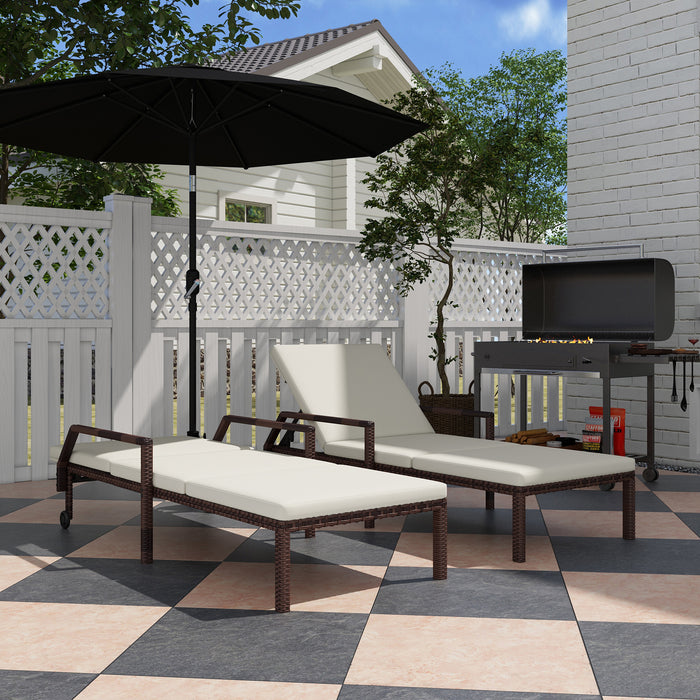 Set of 2 Cream White Rattan Sun Loungers with Adjustable Backrest and Wheels for Garden
