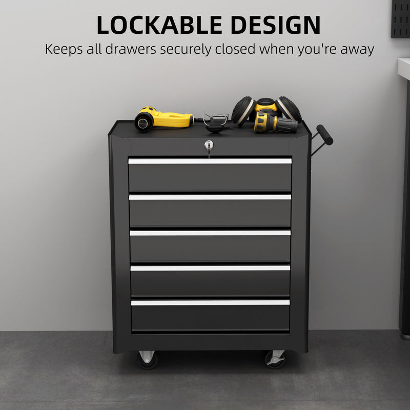 Black 5 Drawer Steel Tool Chest With Wheels And Lock For Garage Or Workshop Storage