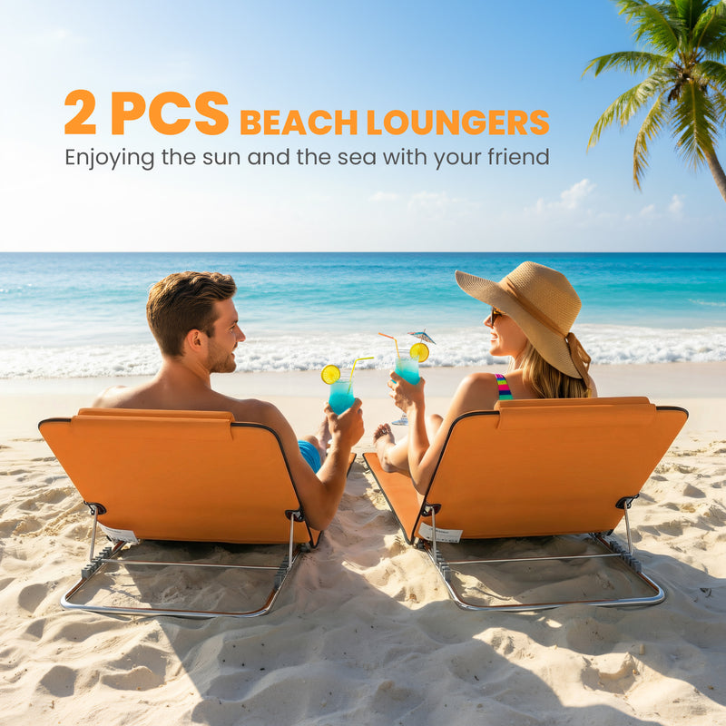 Folding Beach Chairs Set of 2 with Adjustable Backrest and Carry Bag, Orange Outsunny