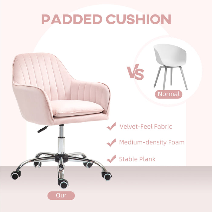 Pink Velvet Swivel Desk Chair with Adjustable Height and Wheels by HOMCOM