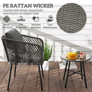Grey 3 Piece Rattan Bistro Set with Cushions and Glass Table for Garden or Balcony by Outsunny