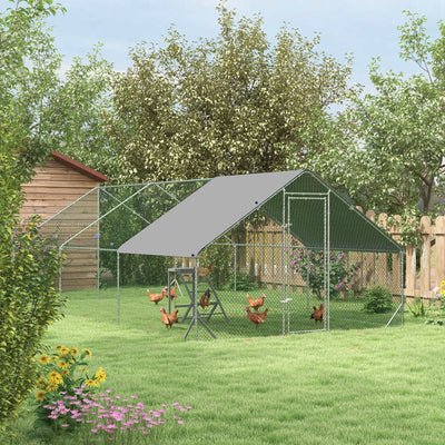 Large Walk In Chicken Run with Activity Shelf and Weather Cover for Outdoor Use Silver