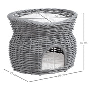 2 Tier Wicker Cat House with Washable Cushions Elevated Pet Bed for Kittens, Grey