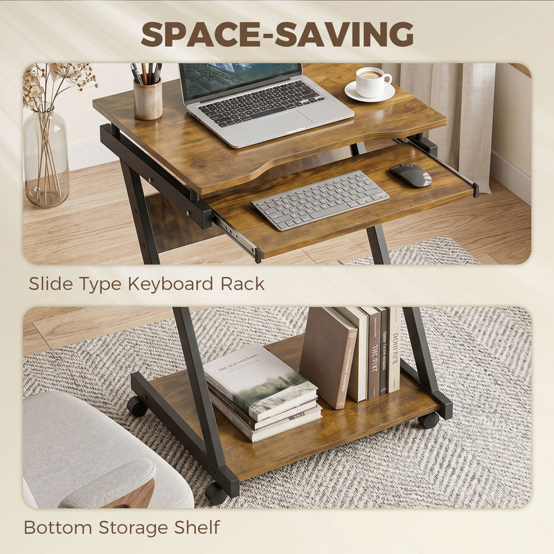 Compact Rolling Desk with Keyboard Tray and Storage Shelf for Small Spaces Rustic Brown